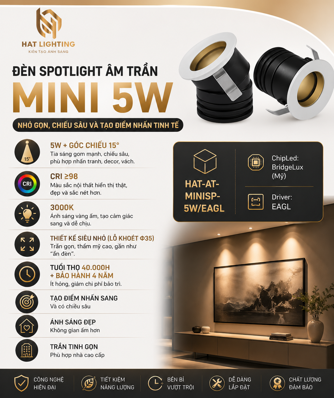 Đèn Spotlight Là Gì? Bí Quyết Chọn Đèn Spotlight Cao Cấp Cho Biệt Thự 2026 4 Cận cảnh lắp đèn spotlight âm trần (lộ lỗ khoét D35 nhỏ xíu, tinh tế).