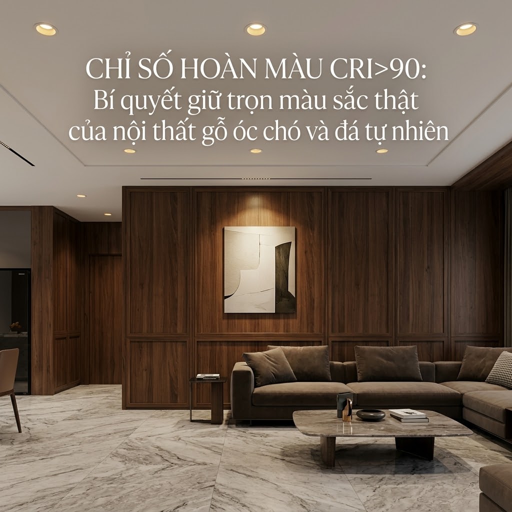 Chỉ số hoàn màu CRI > 90 tôn vinh vẻ đẹp nội thất gỗ óc chó và đá tự nhiên tại biệt thự
