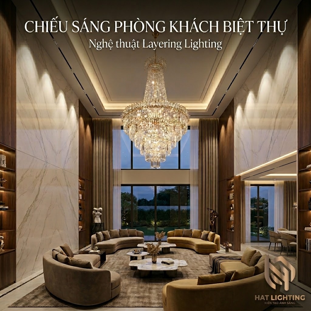 chieu sang phong khach biet thu thong tang hat lighting