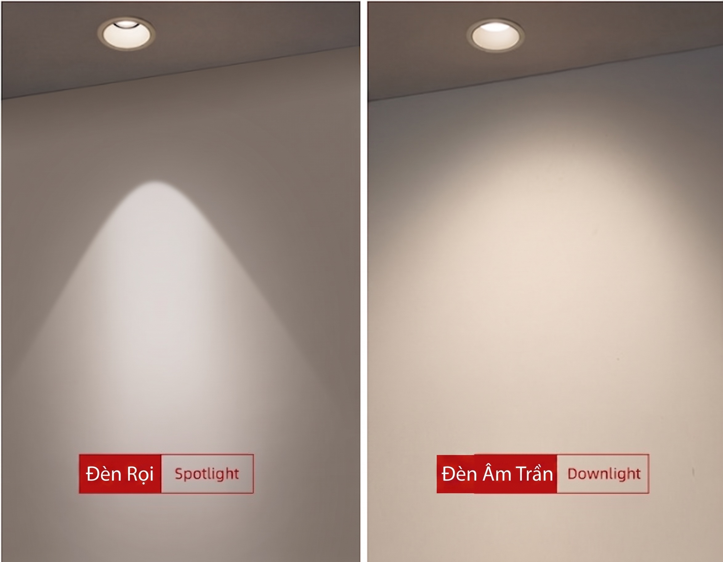 Đèn Spotlight Là Gì? Bí Quyết Chọn Đèn Spotlight Cao Cấp Cho Biệt Thự 2026 2 Sự khác biệt rõ rệt về hiệu ứng thị giác giữa đèn tản quang và đèn Spotlight.