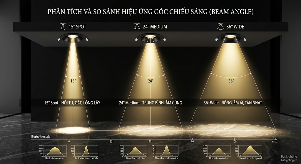 Phân tích và so sánh hiệu ứng góc chiếu sáng 15 độ, 24 độ và 36 độ