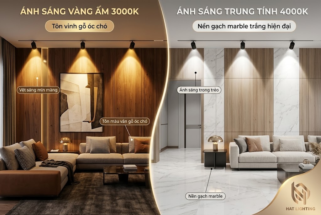 Nhiệt độ màu đèn phòng khách: Chọn 3000K hay 4000K để biệt thự sang trọng, không chói mắt? 2 So sánh nhiệt độ màu đèn phòng khách 3000K và 4000K