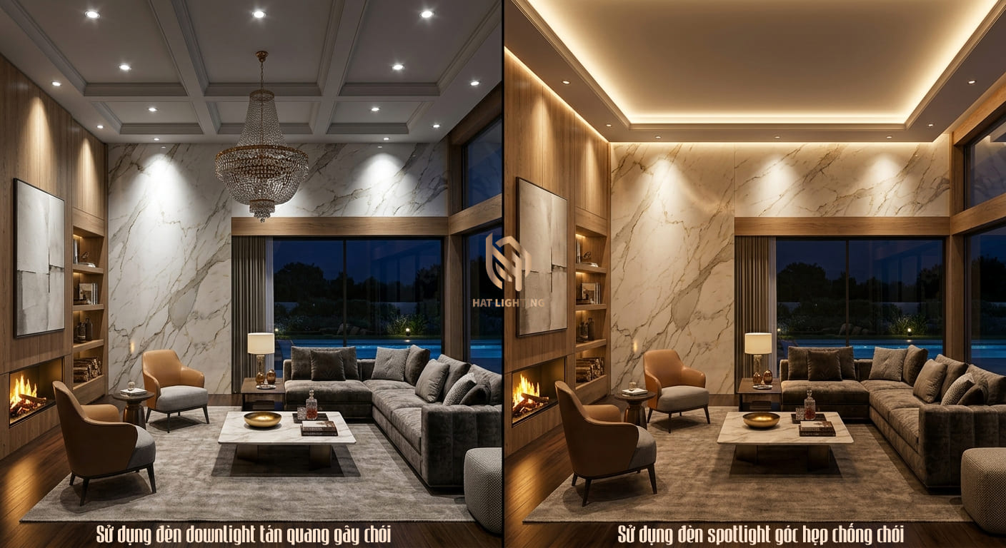 Đơn vị thiết kế chiếu sáng biệt thự uy tín tại Nghệ An, Hà Tĩnh 2 Sai lầm khi thiết kế chiếu sáng biệt thự gây chói mắt và đổ bóng hốc mắt.