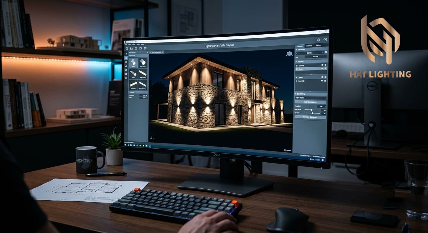 Thiết Kế Chiếu Sáng Biệt Thự Nghệ An, Hà Tĩnh - Trọn Gói Từ A-Z 2 HAT LIGHTING sử dụng phần mềm mô phỏng hiệu ứng ánh sáng 3D