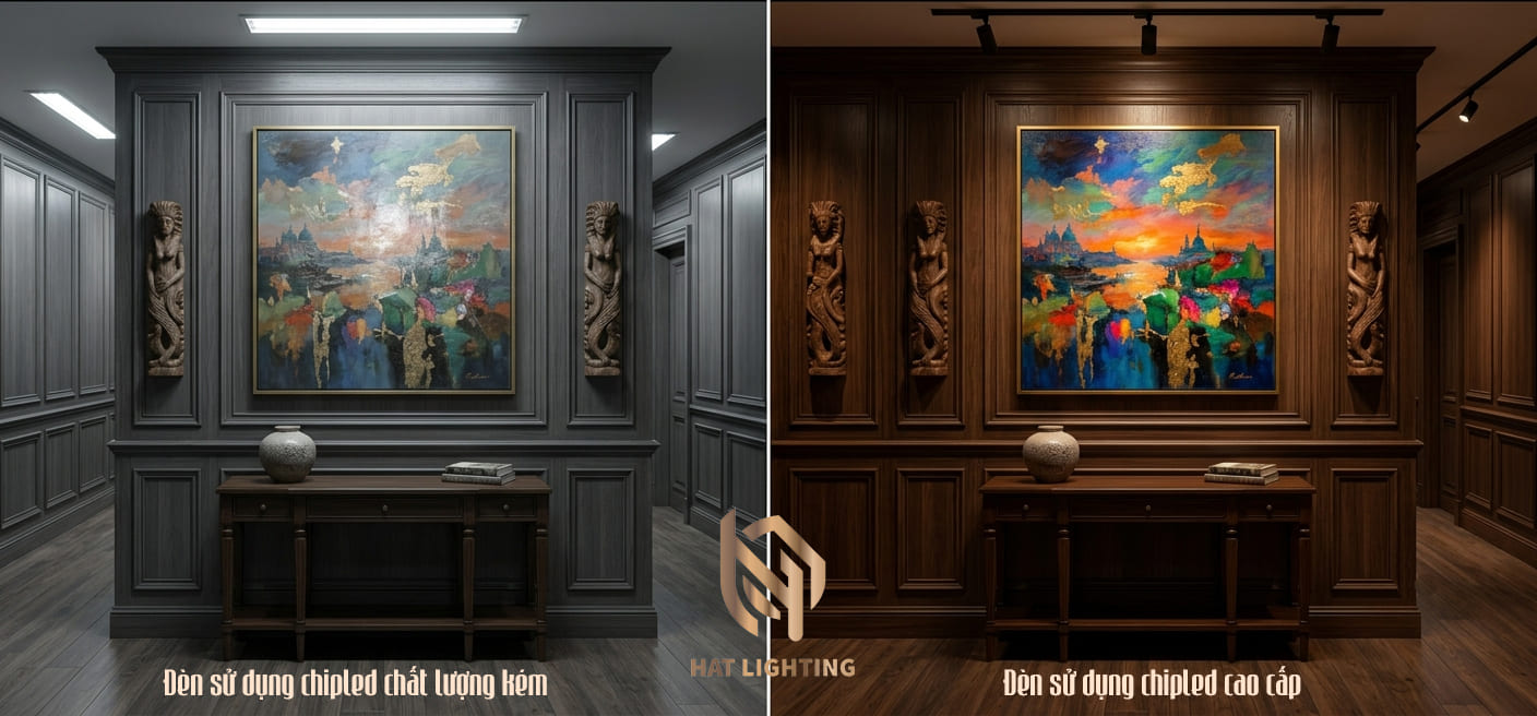 Top 5 ChipLED Tốt Nhất Thế Giới: Giải Mã Ánh Sáng Đẳng Cấp Cho Biệt Thự 2 So sánh ánh sáng đèn dùng chip led xịn có chỉ số hoàn màu CRI cao và chip kém chất lượng.