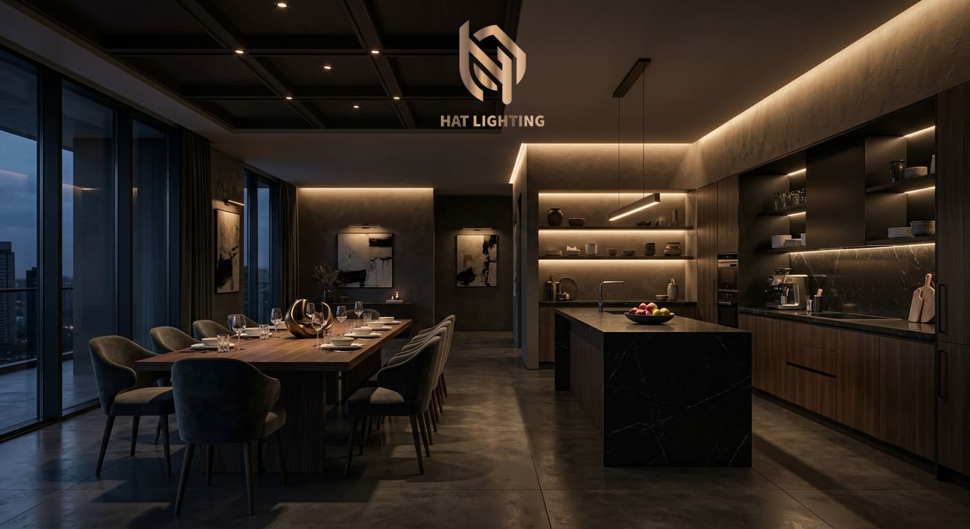 Giải đáp 2026: Lắp đèn spotlight cả nhà có bị tối không? từ HAT Lighting 2 Thiết kế ánh sáng phân lớp cho biệt thự bằng đèn spotlight cao cấp.
