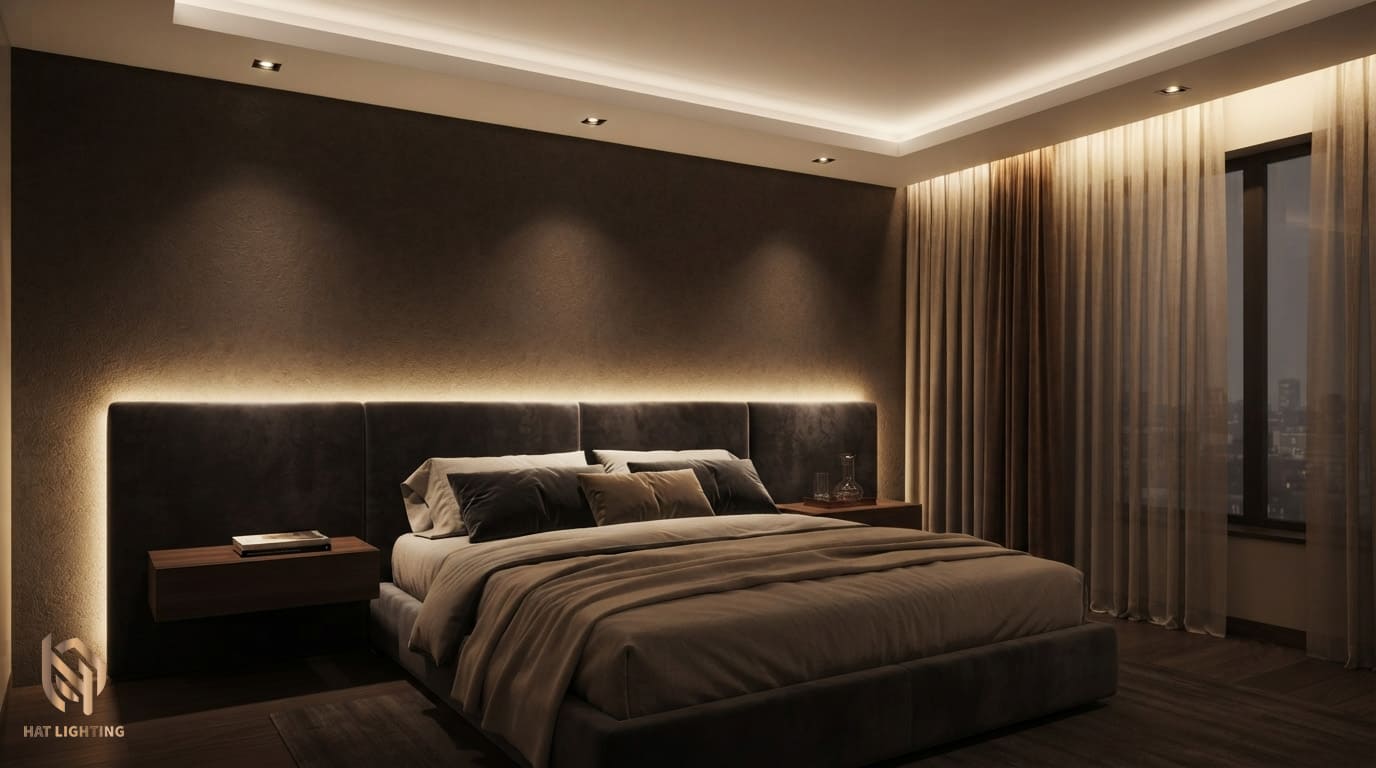 Cẩm Nang Thiết Kế Ánh Sáng Nhà Phố Hiện Đại Đẳng Cấp, Trọn Gói 3 Thiết kế ánh sáng phòng ngủ gián tiếp, sử dụng đèn downlight âm trần chống chói lóa bảo vệ thị lực.