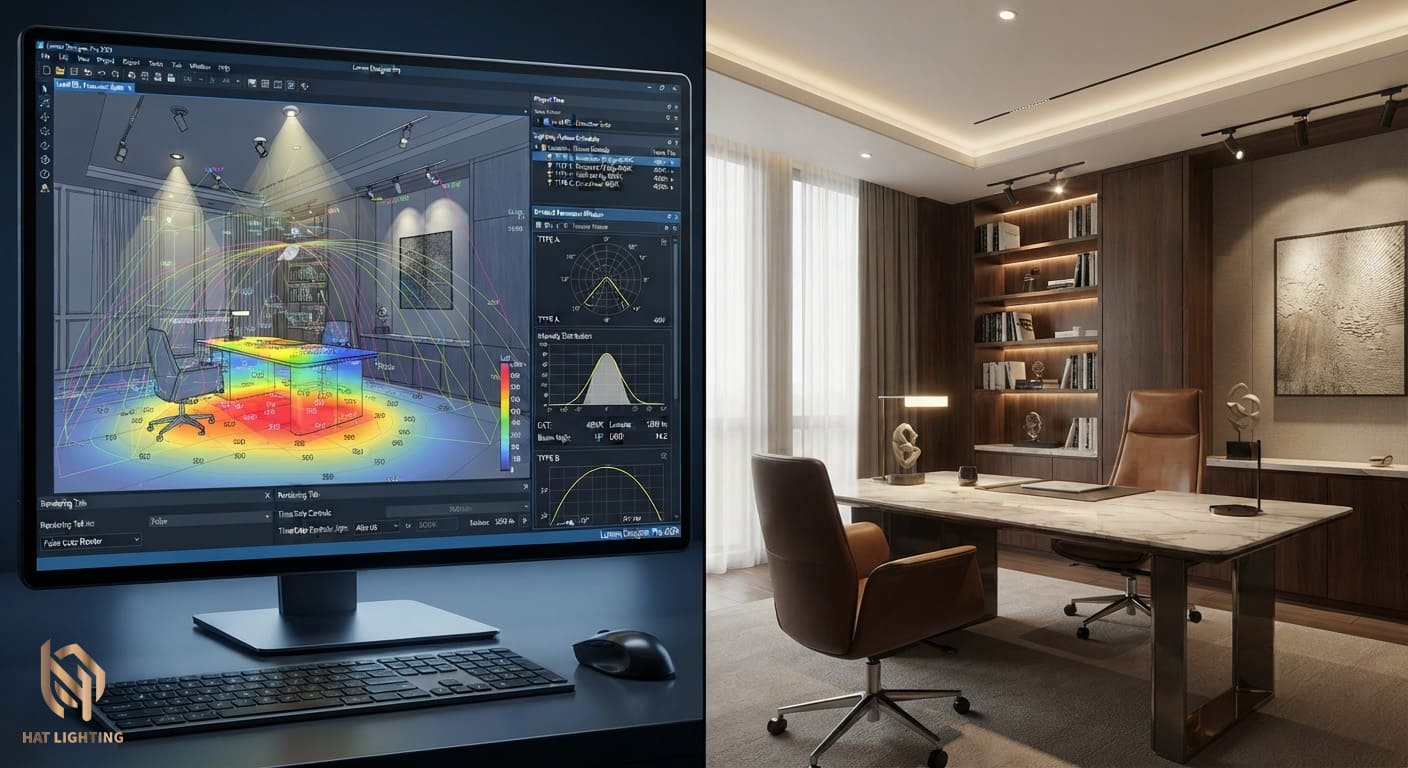 Đèn Âm Trần Thạch Cao Loại Nào Tốt Nhất 2026? | Tư Vấn Từ HAT LIGHTING 4 Bản vẽ mô phỏng hiệu ứng ánh sáng 3D đèn âm trần thạch cao.