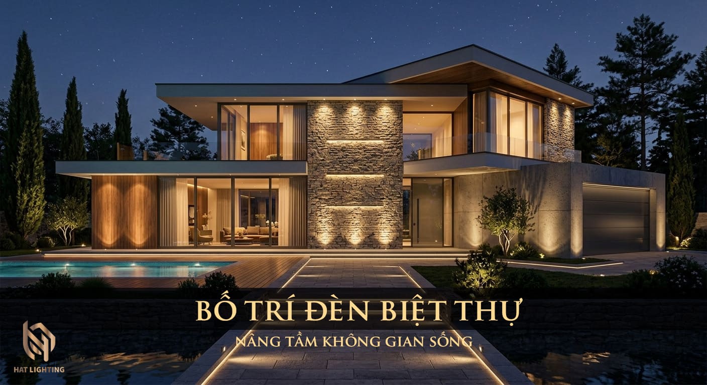Cách Bố Trí Đèn Biệt Thự Giúp Nâng Tầm Không Gian Sống (Cập nhật 2026) 1 Cách bố trí đèn biệt thự đẳng cấp giúp nâng tầm không gian sống vào ban đêm do HAT LIGHTING thiết kế.
