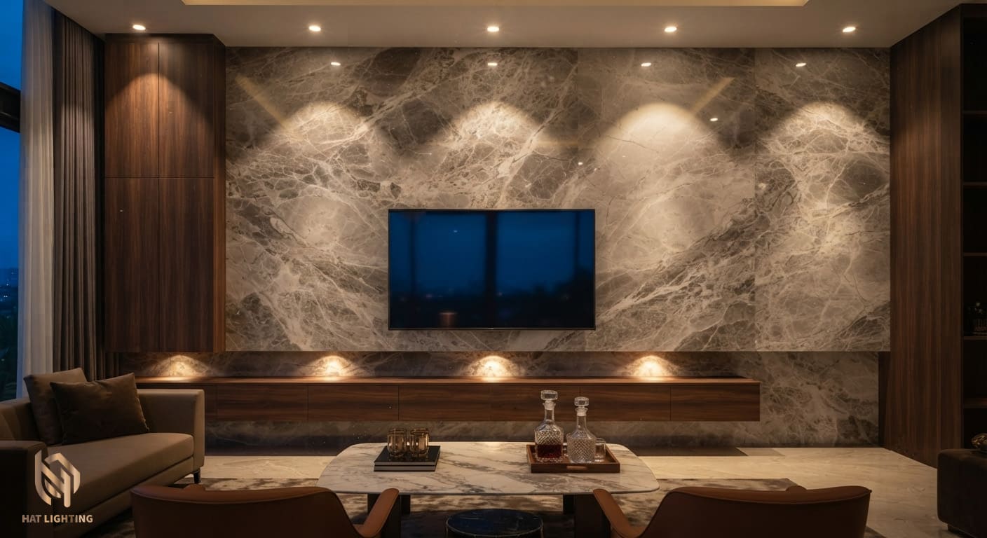 Thiết Kế Chiếu Sáng Nhà Ở Cao Cấp Tại Nghệ An, Hà Tĩnh | HAT LIGHTING 3 Bố trí đèn phòng khách biệt thự sang trọng tại Hà Tĩnh với ánh sáng vàng ấm 3000K, góc chiếu 24 độ tôn vân vách tivi đá tự nhiên.