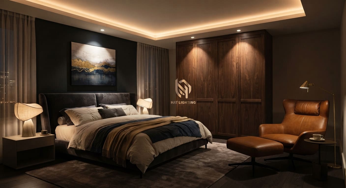 Tư Vấn Đèn Cho Nhà Phố: So Sánh Các Giải Pháp Chiếu Sáng Chống Chói Đẳng Cấp 3 Bố trí đèn hắt trần và spotlight chống chói cho phòng ngủ mang lại cảm giác thư giãn tuyệt đối