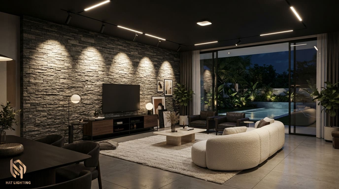 hiết kế bố trí đèn ray nam châm phòng khách biệt thự sang trọng.