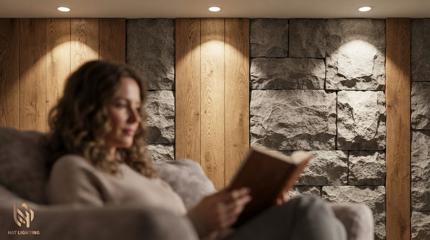 Kỹ thuật đánh vệt sáng hình quả núi bằng đèn spotlight downlight cho phòng khách nhà phố tại Vinh.