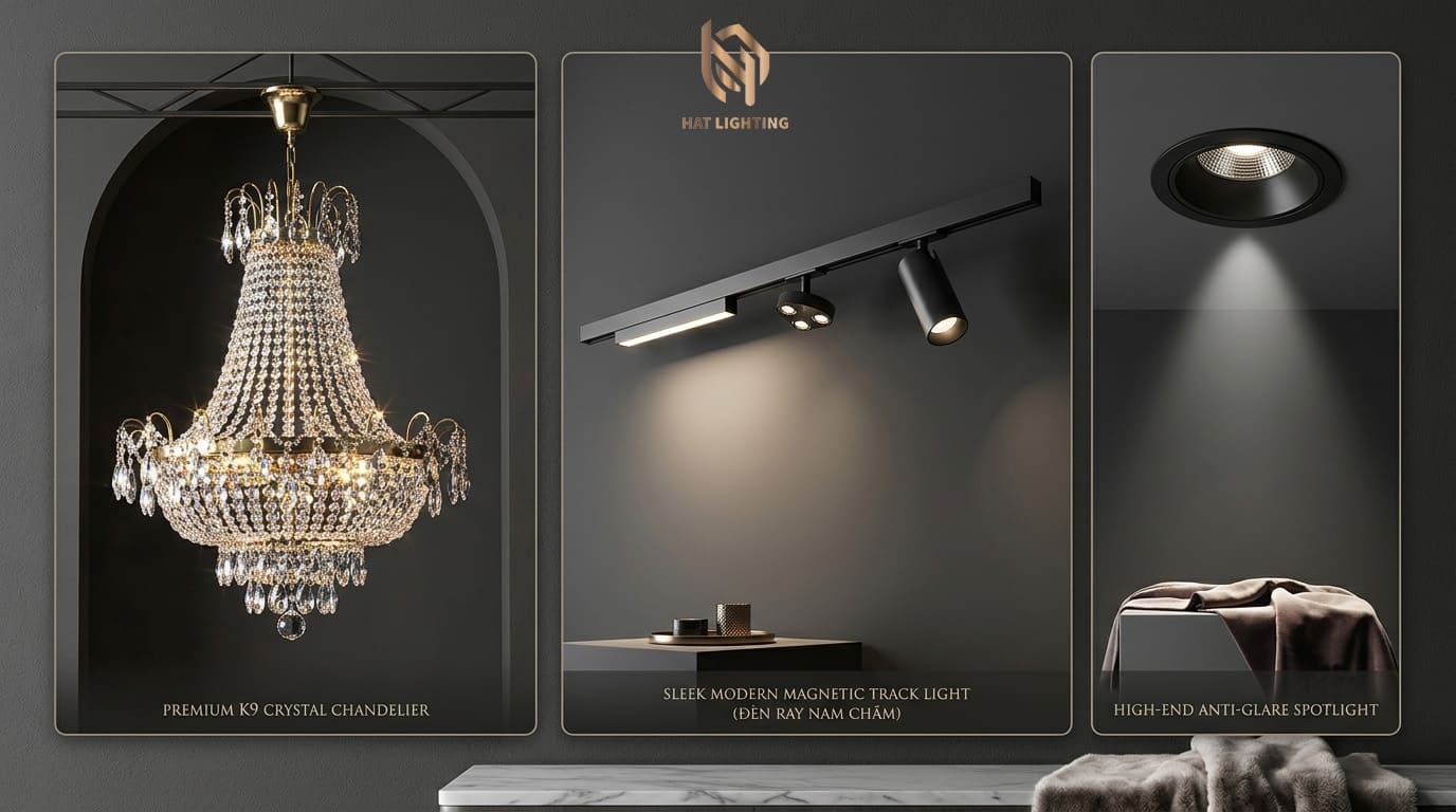 Tổng Kho Đèn LED Tại Nghệ An Uy Tín | Tư Vấn & Thi Công Trọn Gói Từ Chuyên Gia 10 Năm Kinh Nghiệm 5 Đa dạng các dòng đèn LED cao cấp, đèn spotlight âm trần và đèn chùm pha lê đang được phân phối tại tổng kho HAT LIGHTING.