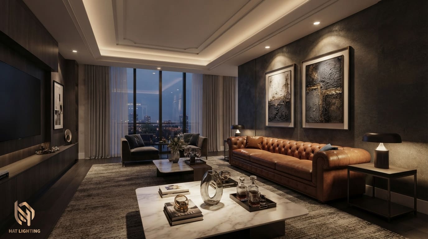 Đèn Âm Trần Thạch Cao 7W Chống Chói | HAT LIGHTING 1 hông gian phòng khách biệt thự cao cấp tại Vinh sử dụng đèn âm trần thạch cao 7W chống chói HAT LIGHTING với ánh sáng vàng 3000K.