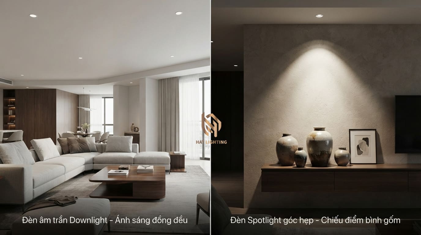 Trần Thạch Cao Nên Lắp Đèn Gì? Giải Pháp Ánh Sáng 2026 2 Đèn spotlight âm trần chống chói góc chiếu 24 độ làm nổi bật bình gốm trang trí