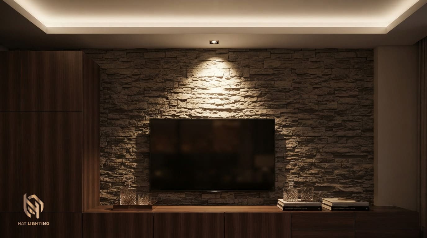Cẩm Nang Thiết Kế Ánh Sáng Nhà Phố Hiện Đại Đẳng Cấp, Trọn Gói 2 Ứng dụng đèn spotlight góc chiếu 24 độ tạo điểm nhấn nghệ thuật cho vách tivi và sofa phòng khách.