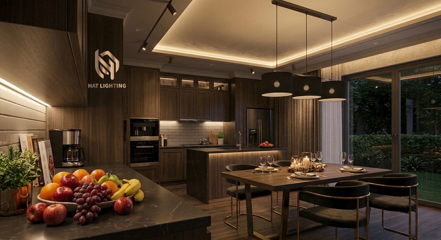 Thiết Kế Chiếu Sáng Nhà Phố Tại Nghệ An & Hà Tĩnh | Chuẩn Đẹp, Chống Chói 4 Bố trí đèn thả bàn ăn và đèn rọi khu vực bếp nấu có chỉ số hoàn màu CRI cao.