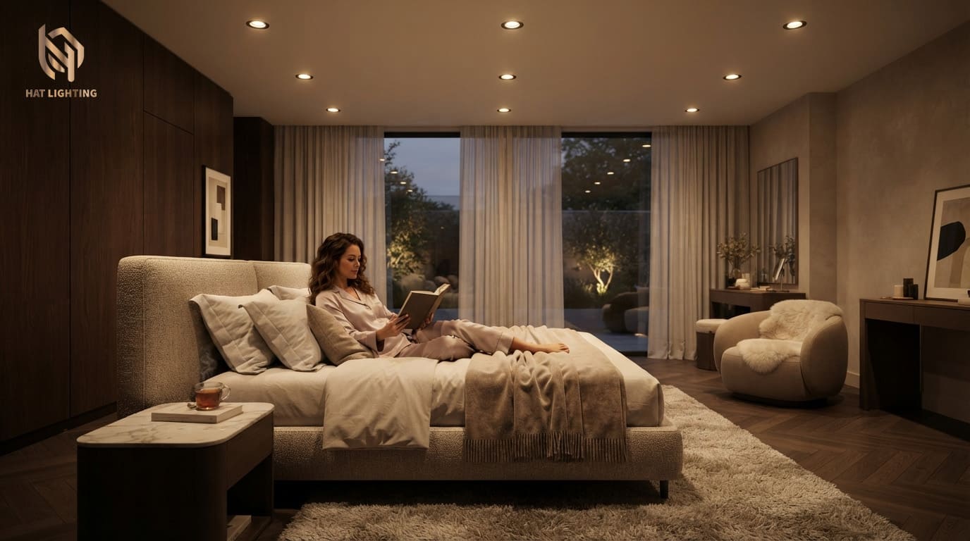 Đèn Led Âm Trần Bị Chớp Nháy Nguyên Nhân Tại Sao? Cách Xử Lý & Giải Pháp Chiếu Sáng Đẳng Cấp 3 Giải pháp bố trí đèn downlight chống chói ánh sáng vàng 3000K cho phòng ngủ biệt thự mang lại sự thư giãn tuyệt đối.