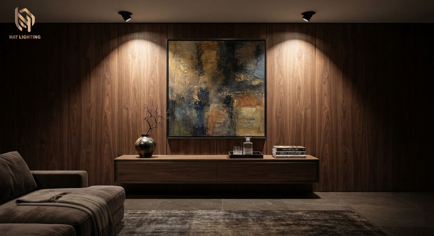 4 Nguyên Tắc Thiết Kế Ánh Sáng Biệt Thự Đẳng Cấp 3 Hiệu ứng vệt sáng hình nón wall washing 24 độ tôn vinh vách ốp nội thất biệt thự.