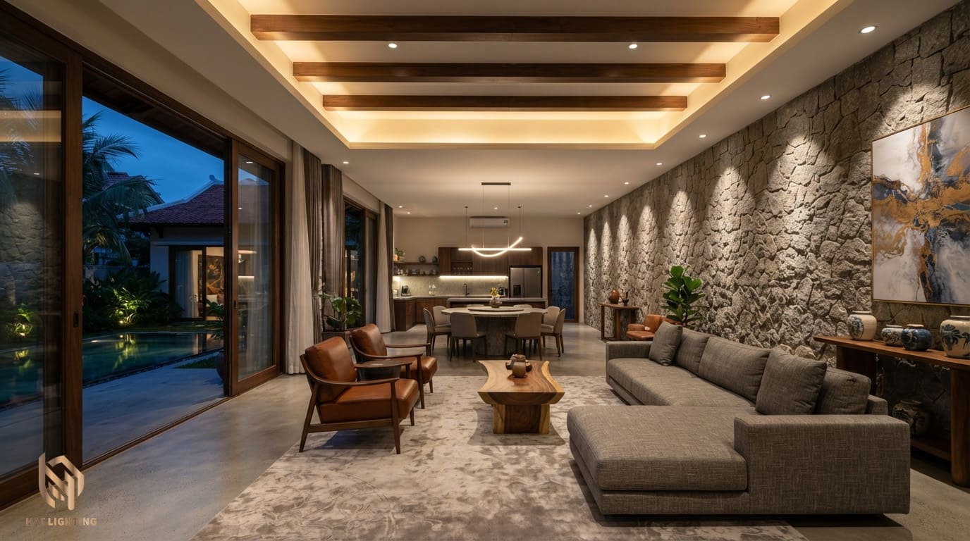 Hướng Dẫn Bố Trí Khoảng Cách Đèn Spotlight & Downlight Chân Thực Nhất Cho Nhà Phố, Biệt Thự 1 Bố trí khoảng cách đèn spotlight chuẩn cho không gian phòng khách biệt thự sang trọng tại Vinh, Nghệ An.