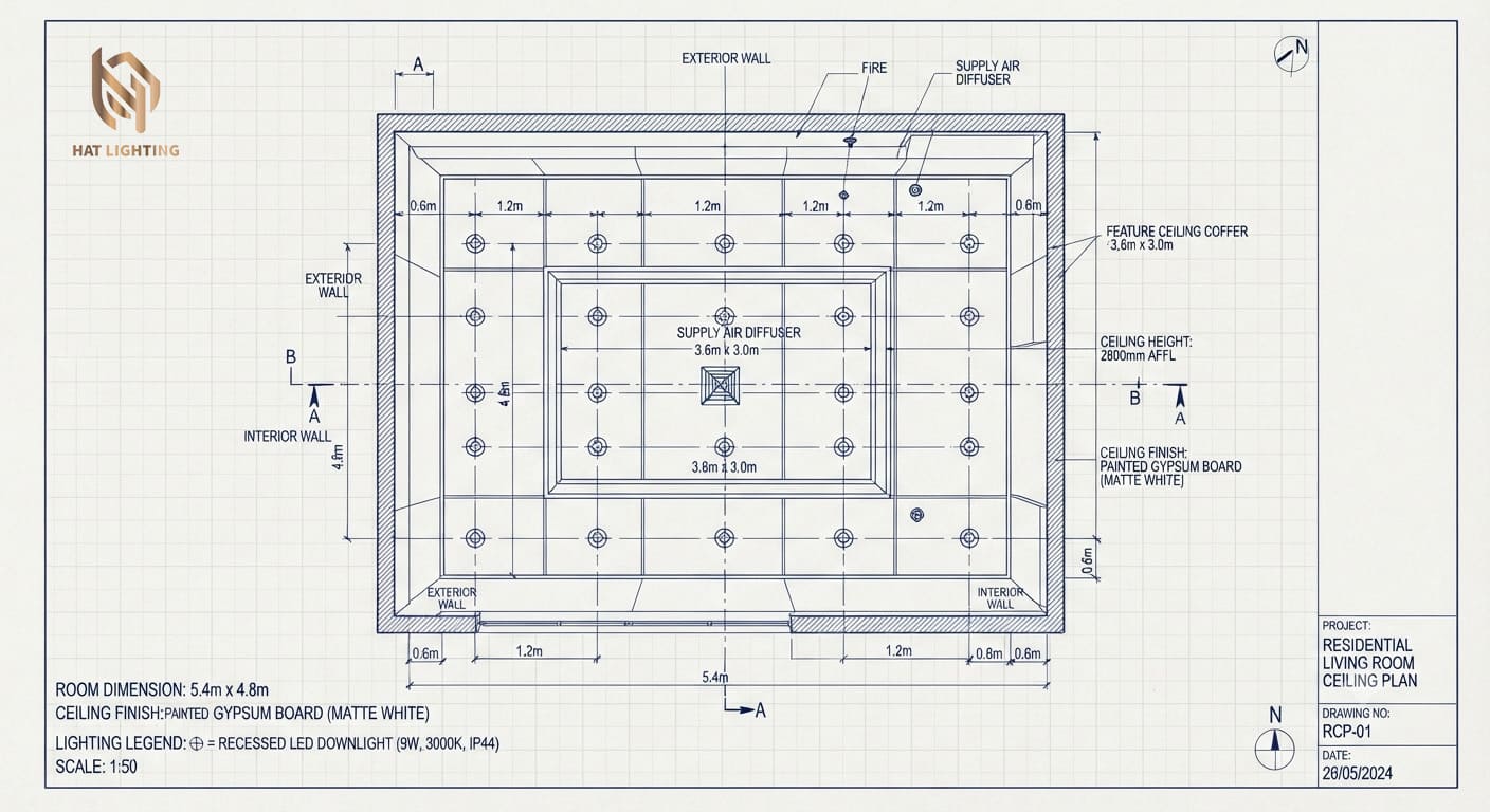 Cách Bố Trí Đèn Âm Trần Phòng Khách Không Chói Mắt, Sang Trọng 2 Bản vẽ tính toán khoảng cách bố trí đèn downlight trên trần thạch cao phòng khách.