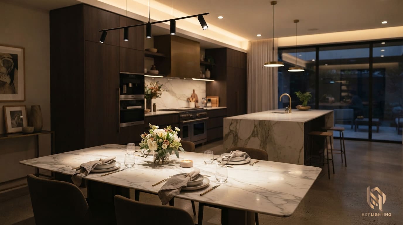Hướng Dẫn Bố Trí Khoảng Cách Đèn Spotlight & Downlight Chân Thực Nhất Cho Nhà Phố, Biệt Thự 4 Khoảng cách đèn spotlight rọi bàn đảo bếp và bàn ăn cho biệt thự tại Hà Tĩnh.