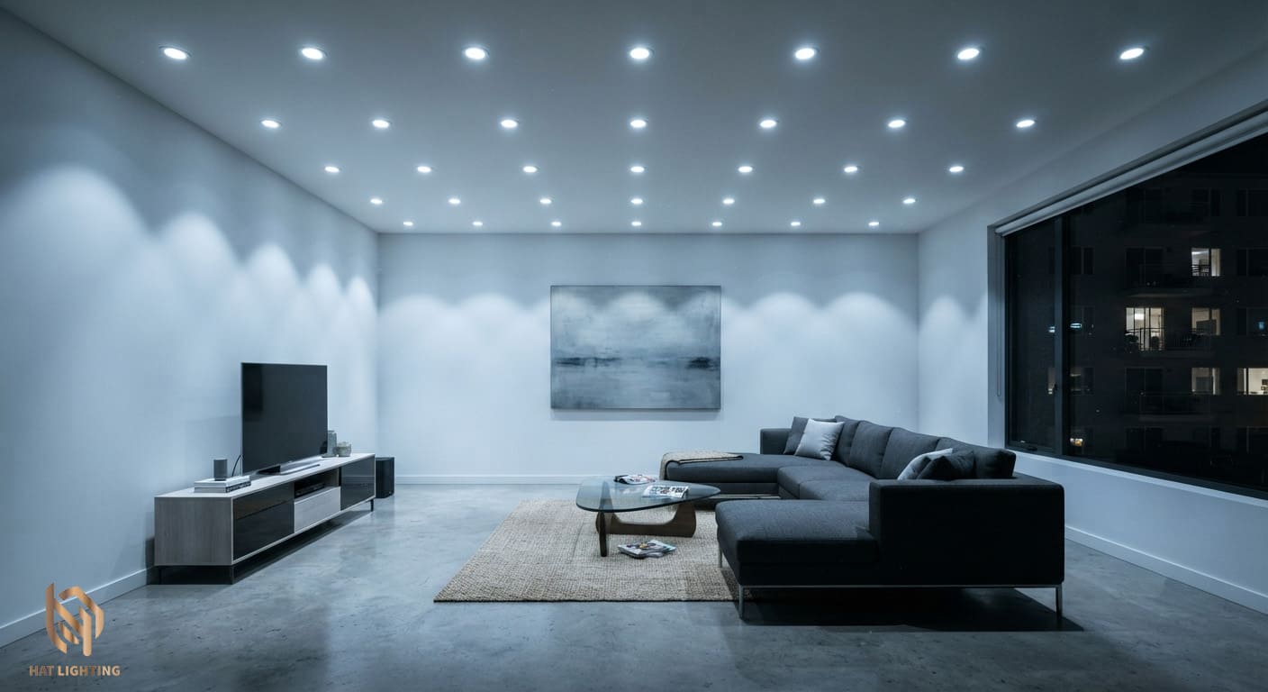 Có Nên Thiết Kế Chiếu Sáng Không? Bí Quyết Nâng Tầm Không Gian Sống 2 Lỗi rải đèn downlight dày đặc gây chói mắt và mất thẩm mỹ trần nhà thạch cao
