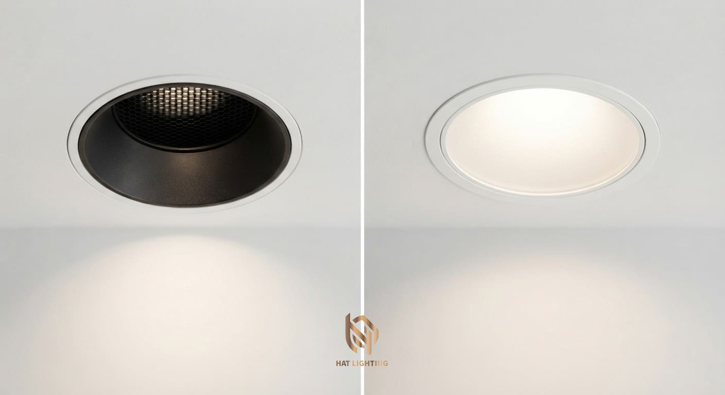 Đèn Âm Trần Thạch Cao Loại Nào Tốt Nhất 2026? | Tư Vấn Từ HAT LIGHTING 2 So sánh đèn downlight tán quang và đèn spotlight âm trần chống chói sâu cao cấp.