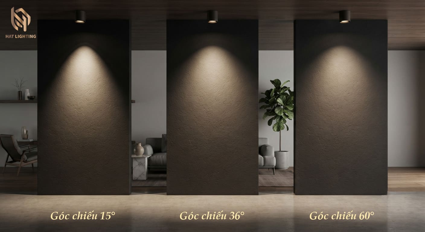 Cách Chọn Góc Chiếu Đèn Âm Trần Cho Phòng Khách Giúp Tôn Vinh Nội Thất 2 So sánh hiệu ứng ánh sáng của đèn spotlight âm trần góc chiếu 15 độ, 36 độ và 60 độ cho phòng khách.