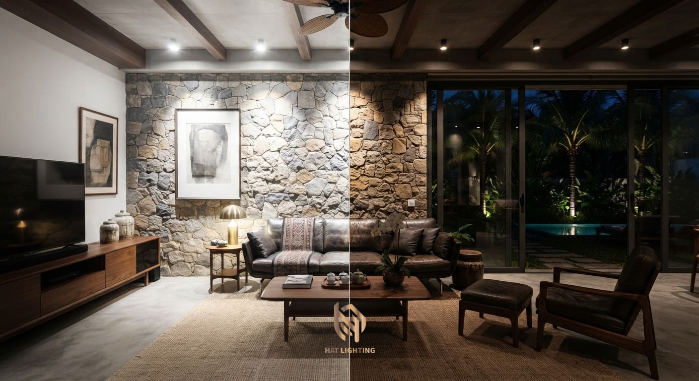 Cẩm Nang Toàn Tập Về Đèn Spotlight Chống Chói 2026 2 So sánh hiệu ứng gây lóa của đèn downlight thường và ánh sáng êm dịu của đèn spotlight chống chói.