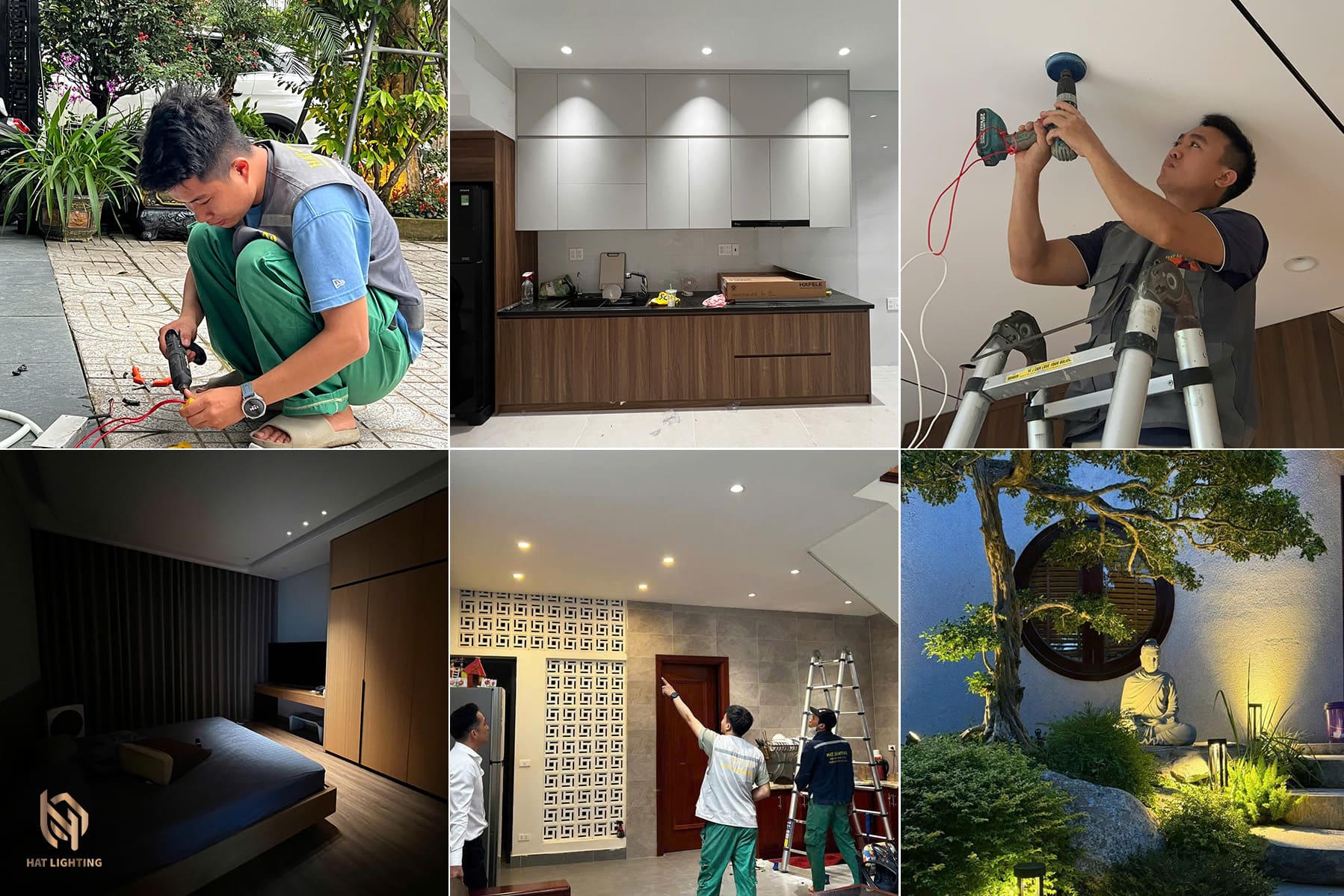 Cách Bố Trí Đèn Biệt Thự Giúp Nâng Tầm Không Gian Sống (Cập nhật 2026) 4 Kỹ thuật viên thi công lắp đặt và căn chỉnh đèn spotlight tại biệt thự TP Vinh Nghệ An