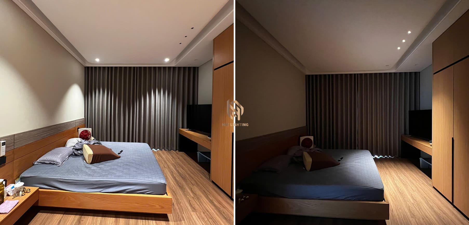 Bí Quyết Thiết Kế Đèn Âm Trần Nhà Phố Chuẩn 5 Sao 4 Giải pháp thiết kế đèn âm trần nhà phố cho phòng ngủ với ánh sáng vàng 3000K êm dịu, không chói mắt.