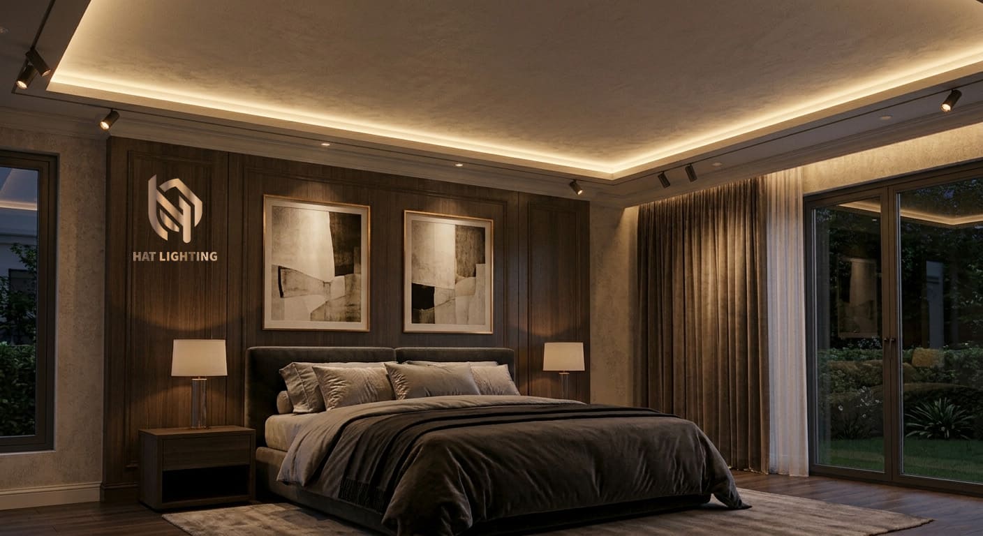 Thiết Kế Chiếu Sáng Nhà Phố Tại Nghệ An & Hà Tĩnh | Chuẩn Đẹp, Chống Chói 3 Thiết kế ánh sáng phòng ngủ ấm cúng, sử dụng đèn hắt trần và đèn rọi điểm nhấn không gây lóa mắt.