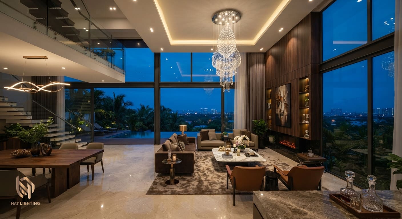 Thiết Kế Chiếu Sáng Nhà Ở Cao Cấp Tại Nghệ An, Hà Tĩnh | HAT LIGHTING 1 Thiết kế chiếu sáng nhà ở cao cấp tại Nghệ An với hệ thống đèn spotlight chống chói và đèn chùm pha lê sang trọng do HAT LIGHTING thực hiện.