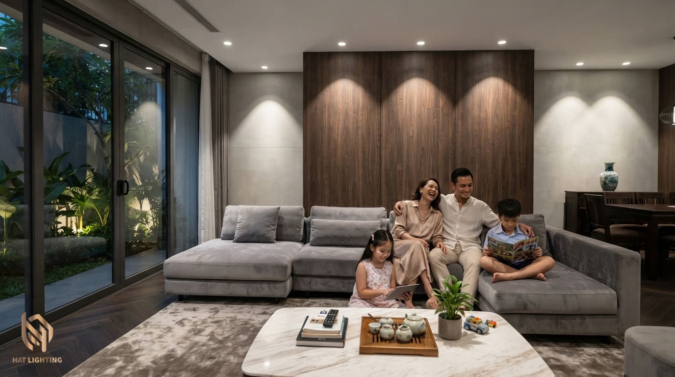 Dự án thiết kế chiếu sáng nhà phố tại Nghệ An với không gian phòng khách hiện đại, sử dụng hệ đèn spotlight tàng hình chống chói.