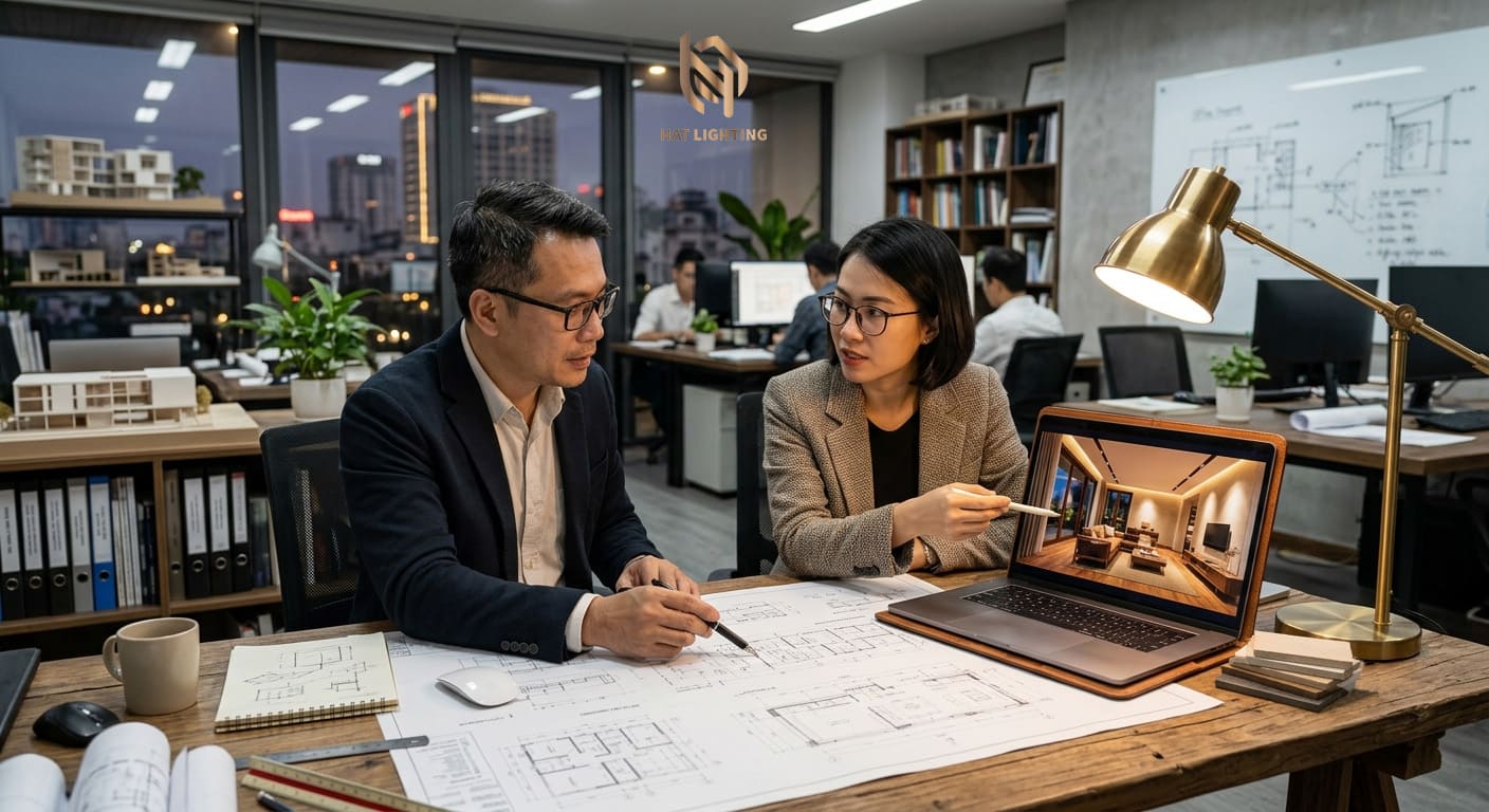 Thiết Kế Chiếu Sáng Trước Hay Sau Thiết Kế Nội Thất? 2 Chuyên gia tư vấn thiết kế chiếu sáng đồng hành cùng bản vẽ nội thất 3D để đưa ra giải pháp ánh sáng chuẩn xác.