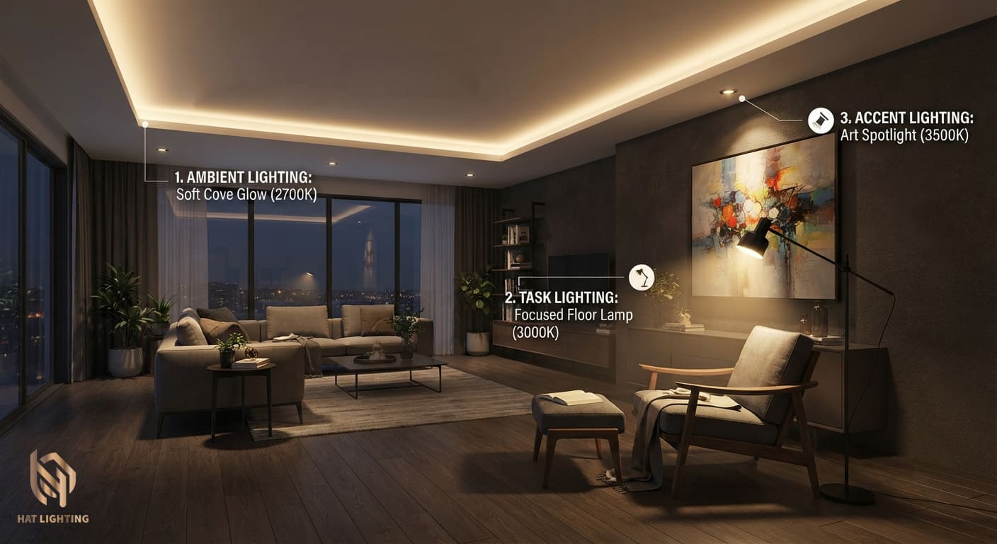 Cẩm Nang Thiết Kế Ánh Sáng Phòng Khách: 3 Lớp Ánh Sáng, 4 Sai Lầm Thường Mắc Và 5 Tiêu Chuẩn Vàng 2 Phân tích 3 lớp ánh sáng cơ bản: Ambient, Task và Accent trong thiết kế phòng khách cao cấp.