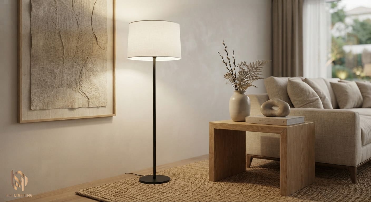 Cẩm Nang Thiết Kế Ánh Sáng Phòng Khách: 3 Lớp Ánh Sáng, 4 Sai Lầm Thường Mắc Và 5 Tiêu Chuẩn Vàng 3 Đèn cây tối giản của trang trí vừa công năng cho phòng khách hiện đại