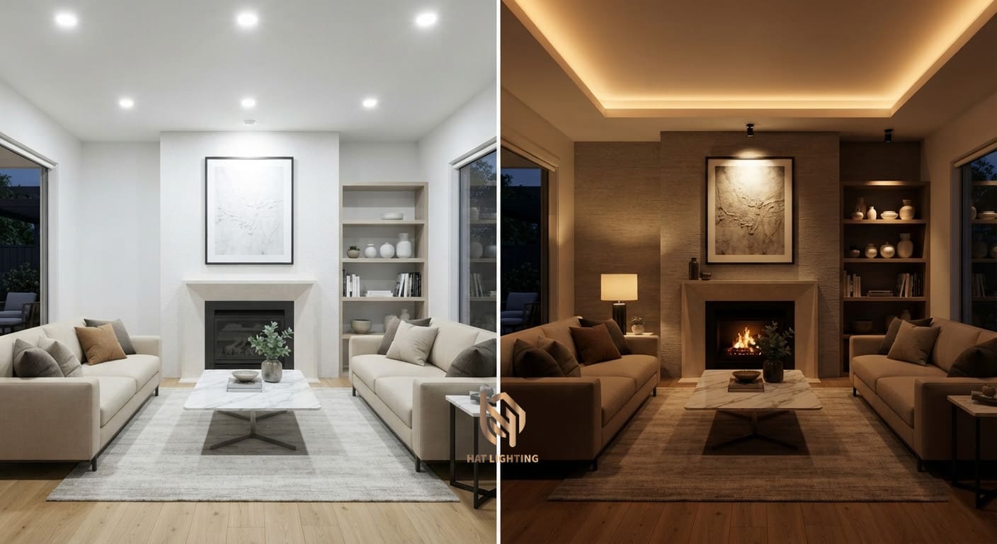 Thiết Kế Ánh Sáng Tại Vinh: Giải Pháp Trọn Gói Cho Biệt Thự & Nhà Phố Sang Trọng 2 Lỗi bố trí đèn downlight tán quang dàn trải gây chói mắt và làm không gian phẳng lì.
