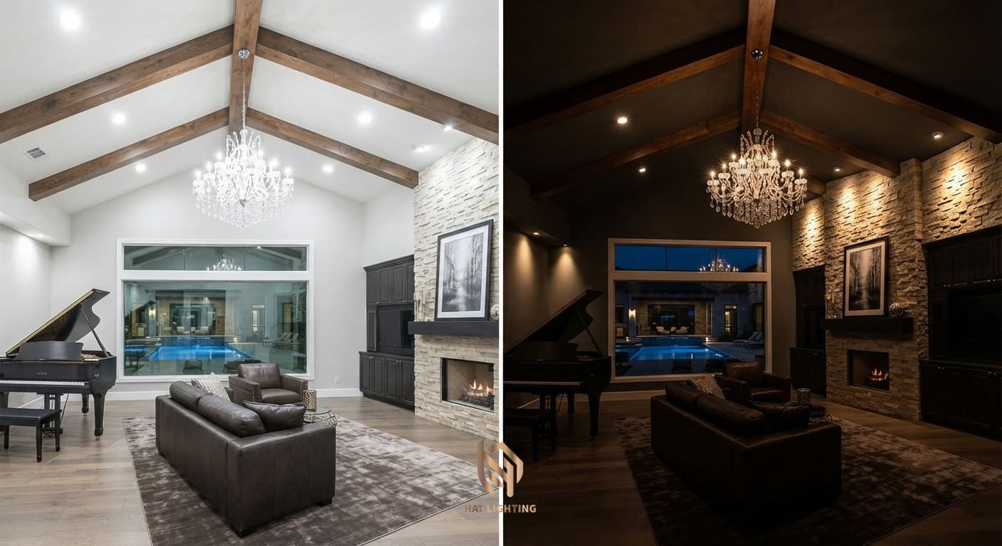 Nên Thiết Kế Đèn Biệt Thự Như Thế Nào? Cẩm Nang Cho Gia Chủ Nghệ An Hà Tĩnh 2 Lỗi bố trí đèn trần biệt thự gây chói mắt và cách khắc phục bằng spotlight chống chói.