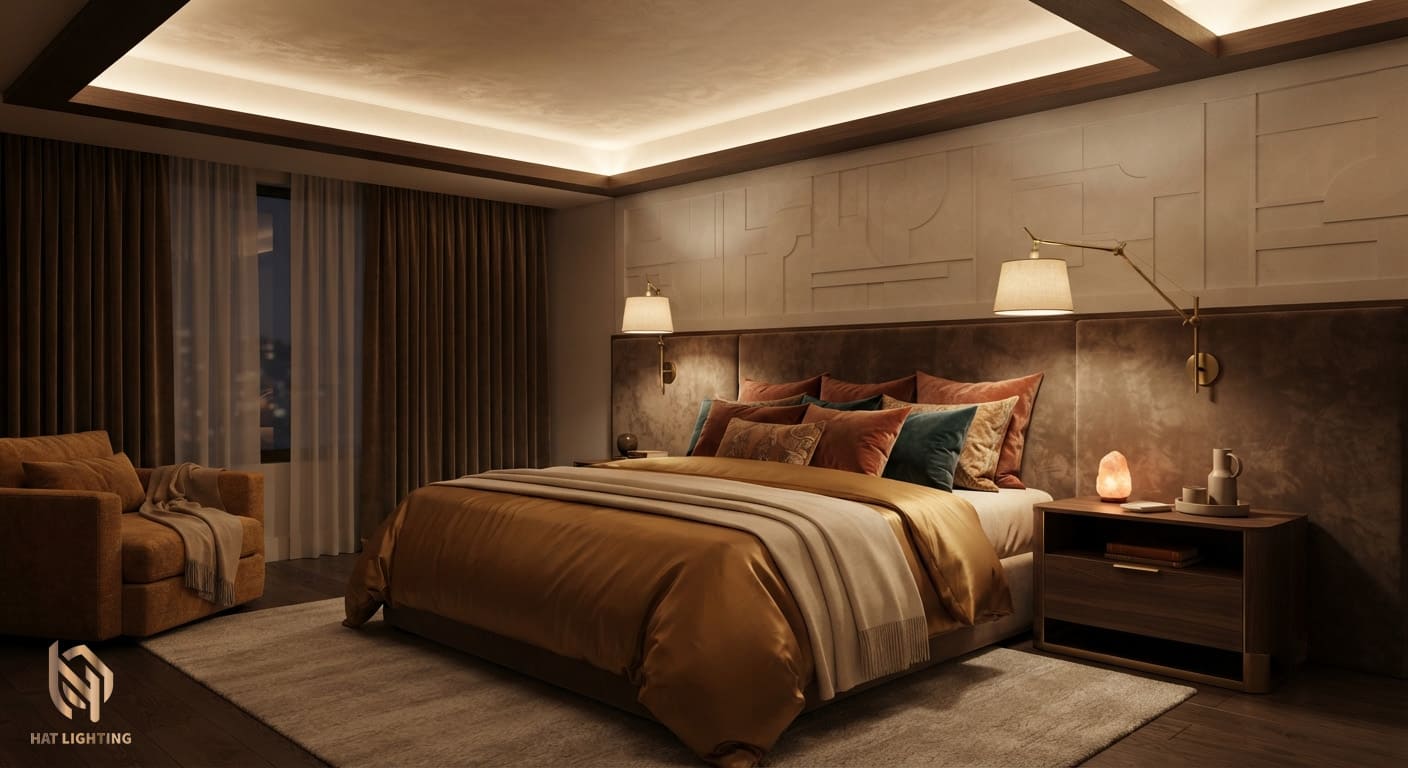 Tư Vấn Thiết Kế Ánh Sáng Trọn Gói Uy Tín Nghệ An Hà Tĩnh 4 Thiết kế ánh sáng phòng ngủ với nhiệt độ màu 3000K êm dịu, bảo vệ thị lực.